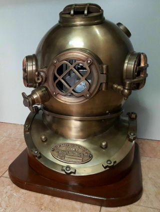 Antique Us Navy Vintage Diving Divers Helmet Solid Steel Deep Sea Scuba W/base