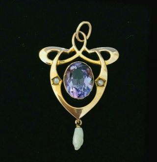 Fine,  Art Nouveau 9ct,  9k,  375 Rose Gold Amethyst & Seed Pearl Lavaliere Pendant