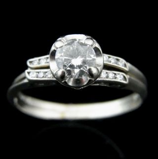 Vintage Diamond Bridal Set Engagement Ring Wedding Band 14k White Gold C.  1950 