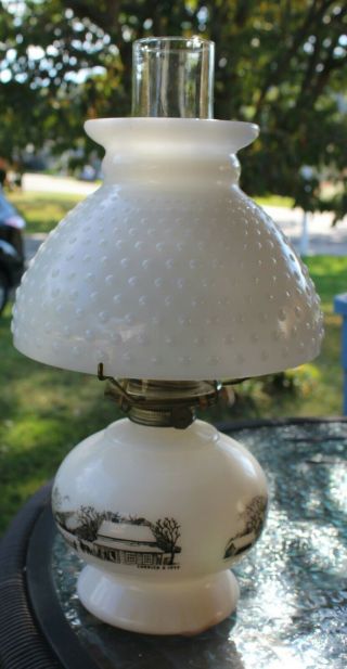 Vintage Currier And Ives Hobnail Milk Glass Shade Oil Lamp