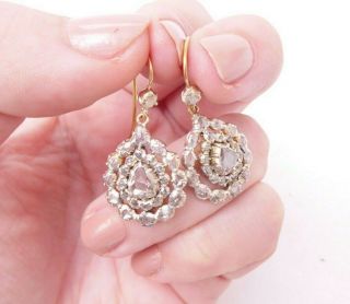 15ct Gold Silver Rose Cut Diamond Earrings,  Cluster Victorian