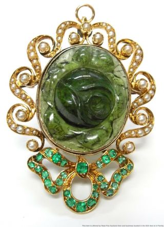 15.  50ct Tourmaline Emerald 18k Gold Natural Pearl Pendant Antique Locket 26.  6gr