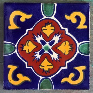 10 Talavera Mexican Pottery Tile 4 " Classic Laja Cobalt Blue Green Brown Gold