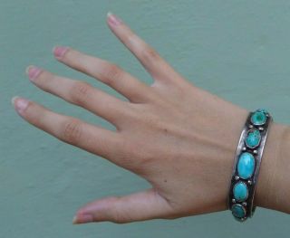 VINTAGE 1930 ' S NAVAJO INDIAN SILVER MULTI TURQUOISE CUFF ROW BRACELET 3