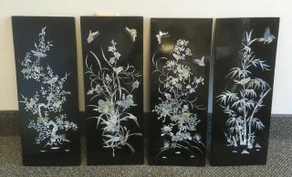Vtg.  Set Of 4 Oriental Black Lacquer Wood Panels Wall Hanging W/ Mother Of Pearl