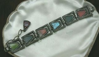 Vintage Miracle Faux Scottish Agate Art Glass Panel Bracelet Dangle Fob Signed