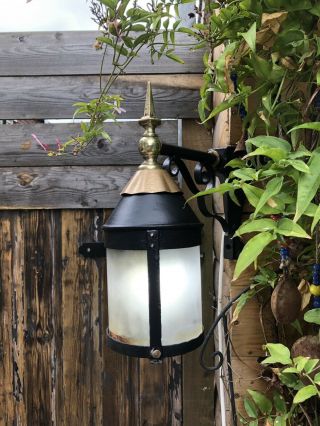 Antique Wrought Iron And Brass Outdoor Lamp Light Lantern Rewired P&p