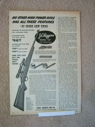 Vintage 1952 Sears J C Higgins Model 50 High Power Hunting Rifle Print Ad