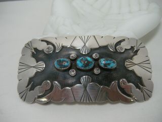 Vintage Large Navajo Turquoise Sterling Silver Belt Buckle 92.  8g Shadow Box