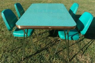 Rare Vintage Atomic 1953 Turquoise Formica Table W/ Copper Trim & 4 Chairs,  Leaf