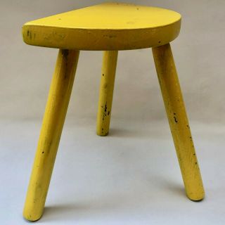 Vintage French Yellow 3 Leg Wooden Milking Stool With Half Moon Seat