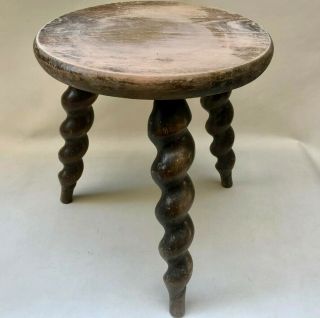 Vintage French Three Legged Wooden Milking Stool With Barley Twist Turned Legs