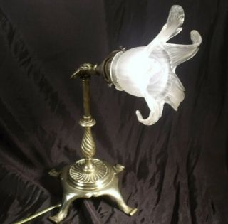 Antique C1890 Brass Swivel Head Adjustable Table Lamp & Shade, .