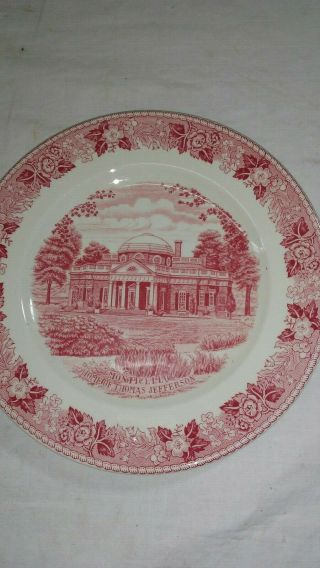 Vtg Old English Staffordshire Souvenir Plate Monticello Jefferson Pink 6 3/4 "