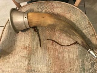 Vintage Gun Powder Cow Bovine Horn Plug Leather Strap Hunting Decorative