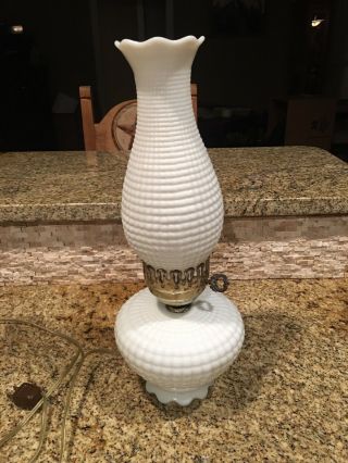 Vintage 16 - 1/2 " Tall White Hobnail Milk Glass Hurricane Student Table Lamp