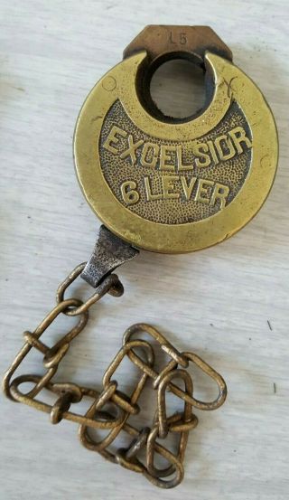 Excelsior 6 Lever Vintage Brass Lock With Chain