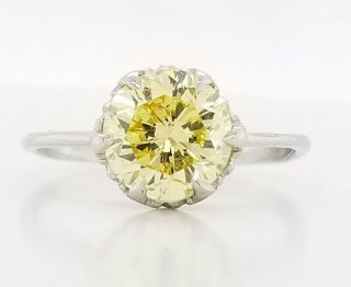 Gia Cert Platinum Vintage Engagement Ring Natural Round Yellow Diamond 2.  08ct.