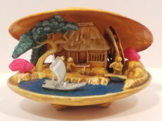 Vintage Japanese Celluloid Miniature Diorama Clam Shell Water Wheel Farm Dragon
