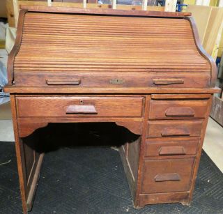 Antique 19th Century Oak Roll - Top Desk.  Rare Small Size.