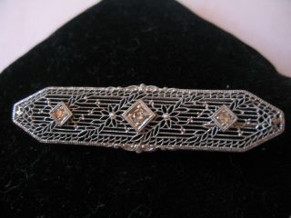 Vintage 1920s Art Deco 14k White Gold Diamond Filigree Bar Pin Brooch 6 Grams