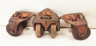 Vtg Antique Cast Iron Wood Double Wheel Industrial Factory Cart Casters 1 1/4 "