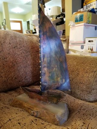 Antique Copper Metal Sailing Sail Boat Petrified Wood Base 17 " Tall Handcrafted