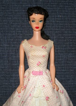 Vintage Brunette Ponytail Barbie Doll Wearing Vintage Garden Party Dress