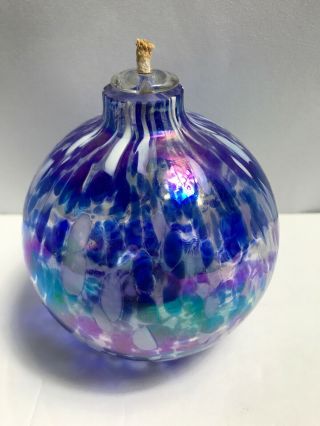 Hand Blown Iridescent Art Glass Blue Swirl Oil Lamp