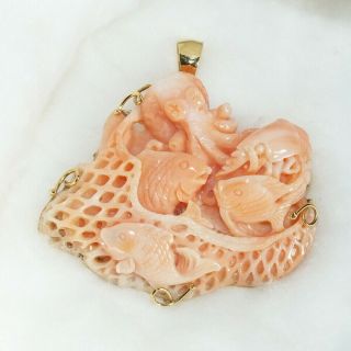 Vintage Red Coral Carved Sea Theme Brooch Pendant Cameo With 18k Gold Red Coral