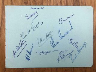 Vintage 1950s Warwickshire County Cricket Team Signed Autograph Page