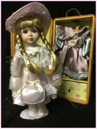 Vintage Braided Blonde 12 " Doll With 3 Dresses And Woven Wood Wardrobe Trunk