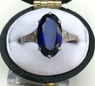 Antique 9ct Gold & Platinum Sapphire Ring Set With Diamonds.  Size Uk O Us 7.  25