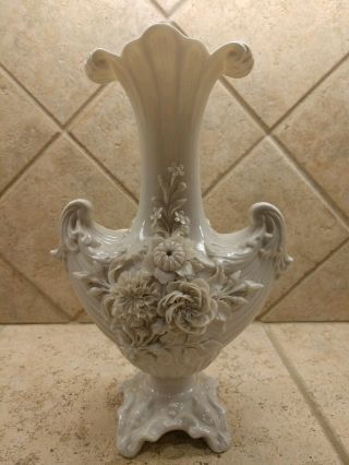Vintage Irish Belleek White Porcelain Vase Floral Encrusted Prince Arthur Vase