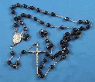 Vintage Sterling Rosary Jet Black Crystal Beads Crucifix Made In Italy 25.  5 "