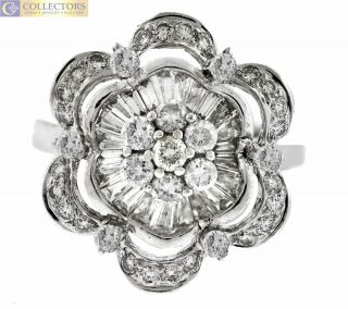 Ladies Estate 18k White Gold 1.  45ctw Baguette Diamond Flower Cocktail Ring