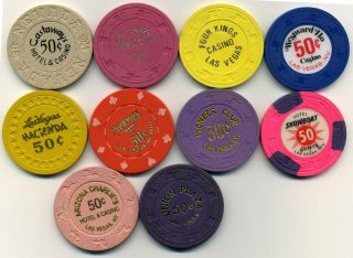 50¢ Casino Chips - Group Of 10 Chips All Las Vegas,  Nevada Casino 