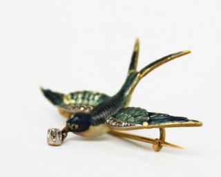 Antique Victorian 22k Solid Gold Flying Swallow Bird Brooch Pin Diamond In Beak