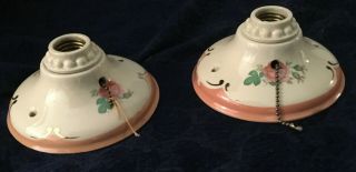 2 Two Vintage Porcelier Porcelain Ceiling Lights Pink Roses Flowers Pull String