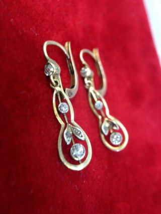 Antique Art Nouveau 18k Yellow Gold And Diamond Openwork Drop Earrings