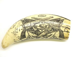 Faux Whale Tooth Scrimshaw Crossed Pistols One Side And Stagecoach On The Other