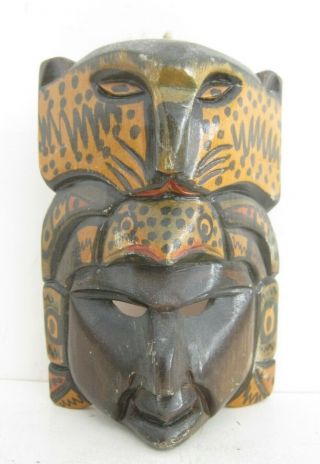 Tiger Turtle Vtg Bali Indonesian Hand Carved Painted Wood Mask Wall Sculpture 7 "