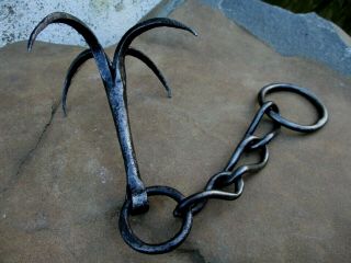 Antique Hand Forged Primitive Iron Grappling Drag 4 Prong Big Hook Trap Boarding