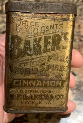Vintage Cinnamon Tin - Baker’s Pure Ground Spices - S.  F.  Baker & Co.  Keokuk Iowa