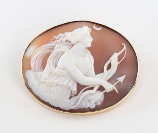 Antique Victorian 9ct Gold Carved Cameo Brooch Of Goddess Diana