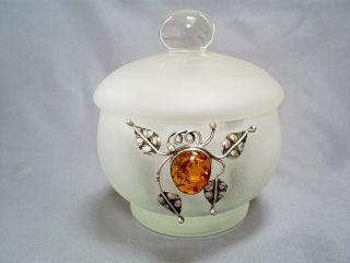 1950s Vintage Polish Hm Sterling Silver & Amber Frosted Glass Dressing Table Jar