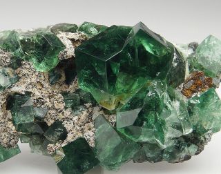 Gemmy green/blue Fluorite twinned crystals on matrix from Rogerley Mine - UK 2