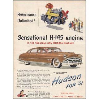 1951 Hudson Hornet: Sensational H145 Engine Vintage Print Ad
