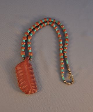 Vintage Santo Domingo Pueblo Indian Pendant Necklace Carved Pipestone Turquoise