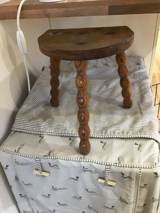 Vintage French Rustic 3 Leg Wooden Milking Stool With Half Moon Seat
